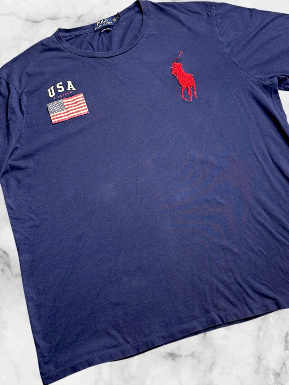 Polo Ralph Lauren Mens XXL Big Pony USA Flag Custom Fit T Shirt Navy Blue 3